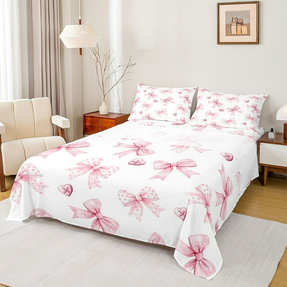Manfei Kawaii Bowtie Bed Sheets Twin,Geometry Dot PrintBedding Sets Twin Size,Pink White Bow Knot Sheet Set Twin For Girls,Lightweight Room Decorative,3-Piece