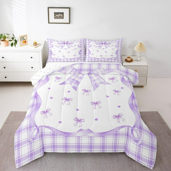 Manfei Kawaii Bowtie Bedding Twin Comforter Set,Geometry Grid Down Comforter,Purple White Bow Knot Bedding Sets Twin with Comforter For Girls,Lightweight Room Decorative Reversible,2 Pieces
