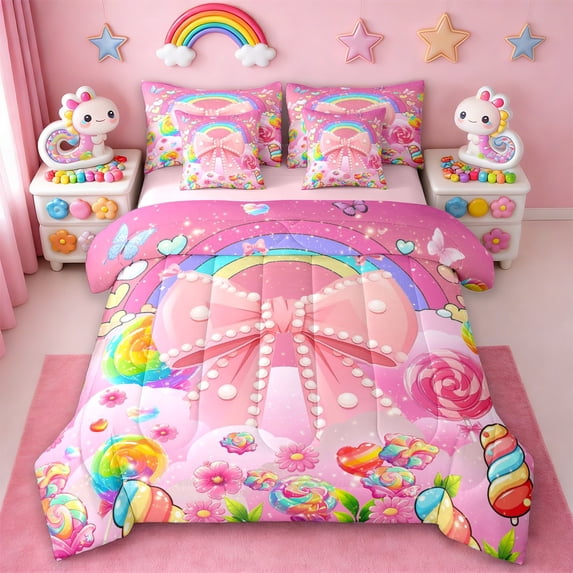 Manfei Kawaii Bowtie Bow 7-Piece Twin Bedding Sets,Colorful Fairy Tale Bedding Comforter Set,Cartoon Daisy Candy Pattern Sheet Sets For Girl Kids,Breathable Home Decor Reversible