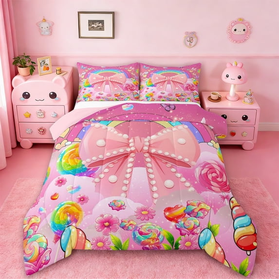 Manfei Kawaii Bowtie Bow Full Size Comforter Sets,Colorful Fairy Tale Bedding Comforter Set,Cartoon Daisy Candy Pattern Bedding Sets For Girl Kids,Breathable Home Decor Reversible,3-Piece