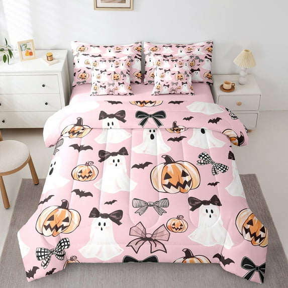Manfei Kawaii Bowtie Bowknot 7 Pieces Bedding Comforter Set,Halloween Ghost Full Bedding Set,Black Bats Fitted Sheet Flat Sheet For Girls Boys,Super Cozy Room Decor Reversible