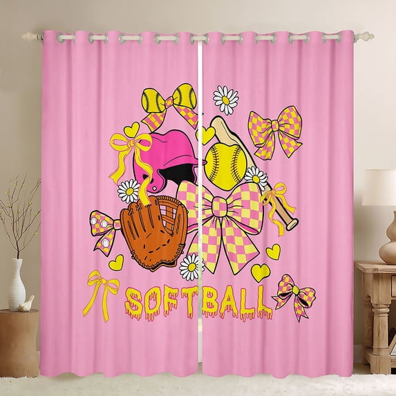 Manfei Kawaii Bowtie Curtains and Drapes Pack of 2 (52x63 Each),Softball Sport Themed Black Out Curtains
