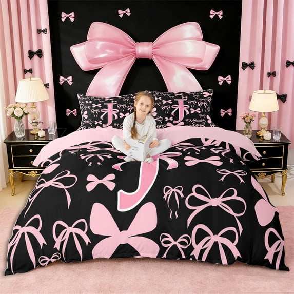 Manfei Kawaii Bowtie Letter J Monogrammed Duvet Cover Set,Dreamy Princess Bow Bedding Full,3-Piece,No Comforter,Pink Reversible,Breathable Home Decor