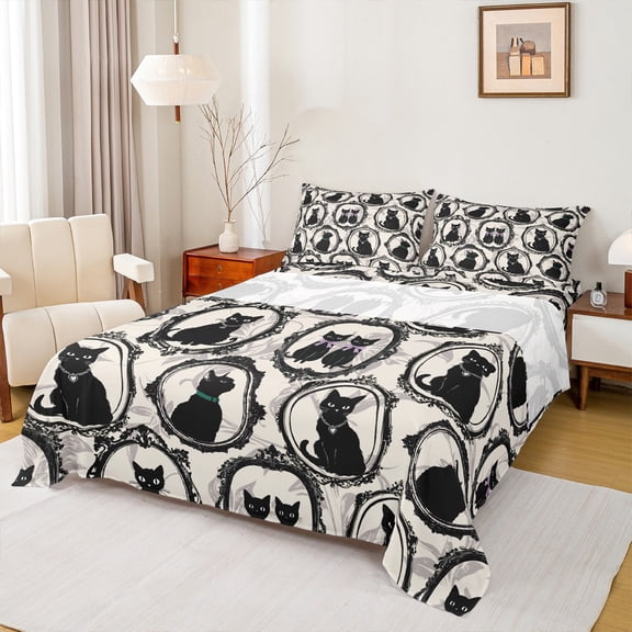 Manfei Kawaii Bowtie Line Twin Sheet Set (3-Piece) Cartoon Kitten Black Beige Breathable Decor For Kids