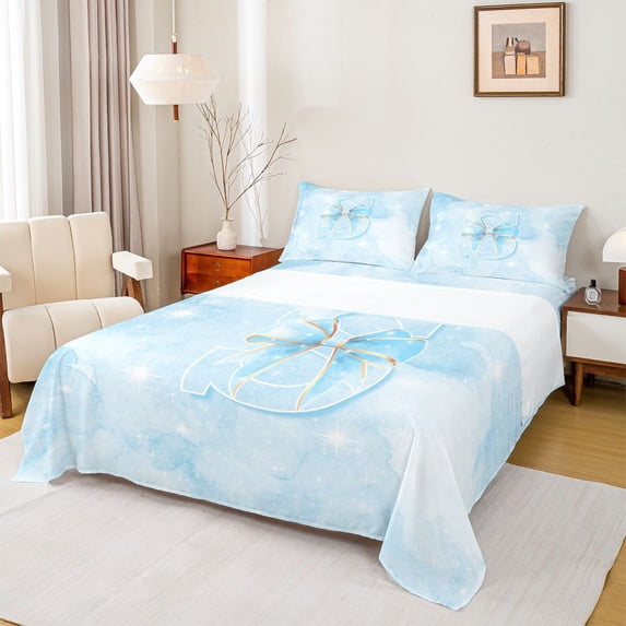 Manfei Kawaii Bowtie Queen Sheets,Lovely Initial S Queen Sheet Sets,Blue,4pcs