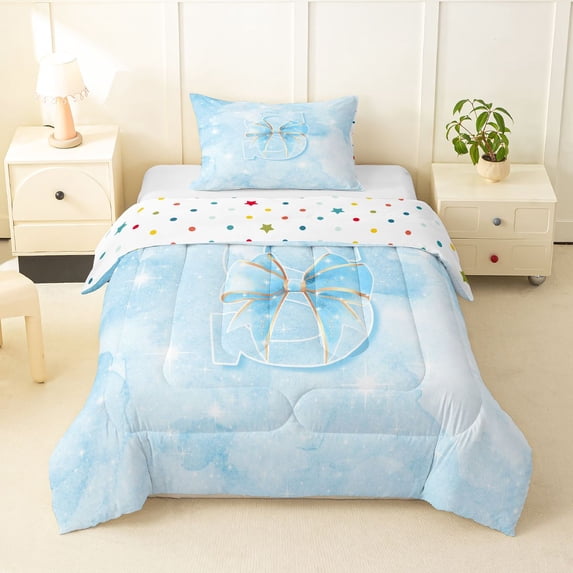 Manfei Kawaii Bowtie Twin Comforter Sets,Lovely Initial S Bedding Set,Blue,Polkadot Reversible,2-Piece,1 Comforter and 1 Pillowcase