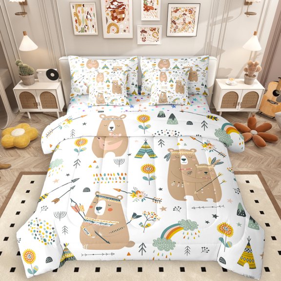 Manfei Kawaii Brown Alpaca 7pcs Bedding Comforter Set for Kids, Rustic Hunting Queen Bedding Sets, Cartoon Rainbow Flower Reversible Queen Sheet Sets, Luxury Bedroom Decor