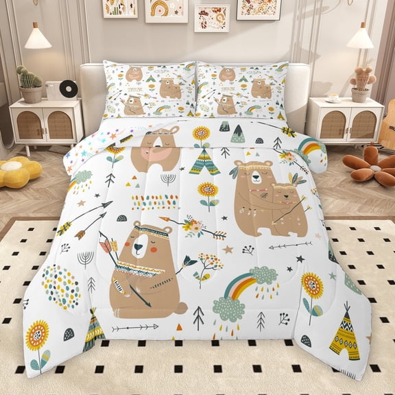 Manfei Kawaii Brown Alpaca Queen Comforter Set for Kids, Rustic Hunting Bedding Sets, Cartoon Rainbow Flower Reversible Bedding Comforter Set, Luxury Bedroom Decor, 3pcs