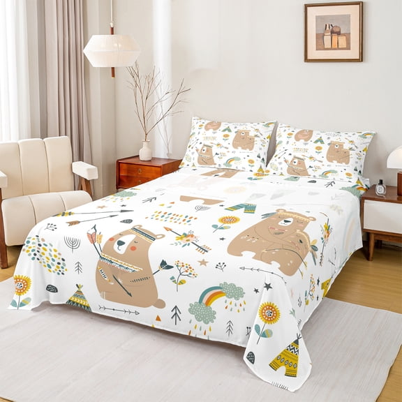 Manfei Kawaii Brown Alpaca Twin Sheet Sets for Kids, Rustic Hunting Twin Fitted Sheet, Cartoon Rainbow Flower Flat Sheet, Luxury Bedroom Decor, 3pcs