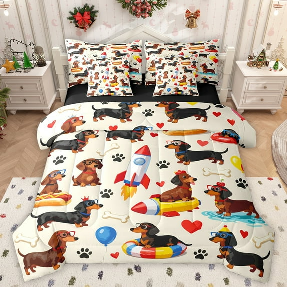 Manfei Kawaii Brown Dachshund Bedding Comforter Set 7 Pieces for Kids, Summer Beach Party Full Bedding Set, Cartoon Rocket Reversible Fitted Sheet Flat Sheet, Luxury Bedroom Decor