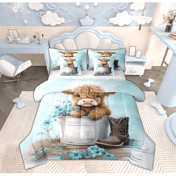 Manfei Kawaii Bull Bedding Full Size, Daisy Groovy Bedding Sets Full Size, Farmhouse Animal Reversible Comforter Sets with Sheets, Microfiber Room Decor, 7 Pieces