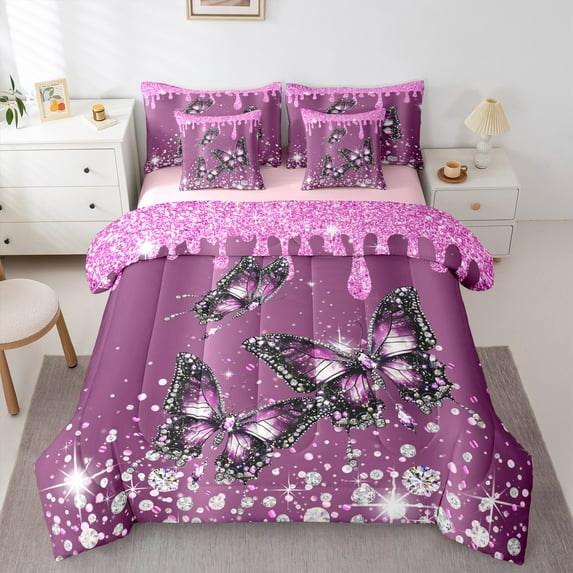 Manfei Kawaii Butterflies 7-Piece Twin Bedding Sets,Pink Sequin Print Bedding Comforter Set,Sliver Diamond Sheet Sets For Girls Boys,Ultra Soft Home Decor Reversible