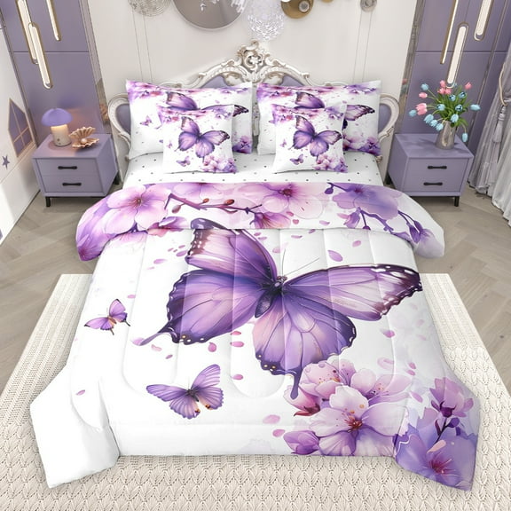 Manfei Kawaii Butterflies 7-Piece Twin Bedding Sets,Rustic Flower Bedding Comforter Set,White Purple Sheet Sets For Teens Girls,Uper Cozy Room Decor Reversible