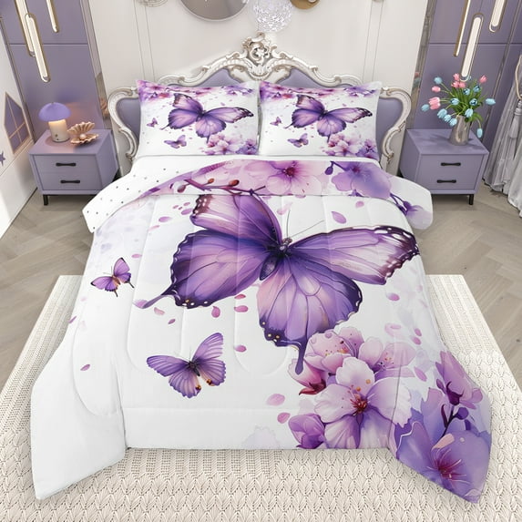 Manfei Kawaii Butterflies Bedding Comforter Set,Rustic Flower Twin Comforter Sets,White Purple Bedding Set For Teens Girls,Uper Cozy Room Decor Reversible,2-Piece