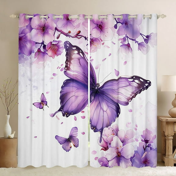 Manfei Kawaii Butterflies Black Out Curtains,Rustic Flower Curtains Pack of 2 (42x63 Each),White Purple Bedroom Curtains For Teens Girls,Uper Cozy Room Decor