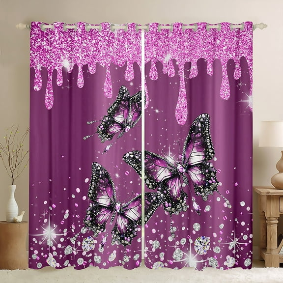 Manfei Kawaii Butterflies Curtains Pack of 2 (42x84 Each),Pink Sequin Print Curtains Blackout,Sliver Diamond Bedroom Curtains For Girls Boys,Ultra Soft Home Decor