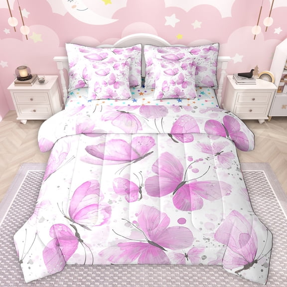 Manfei Kawaii Butterfly 7-Piece Bedding Comforter Set,Retro Splatter Ink King Bedding Sets,Pink White Bed Sheets For Girls Teens,Luxury Bedroom Decor