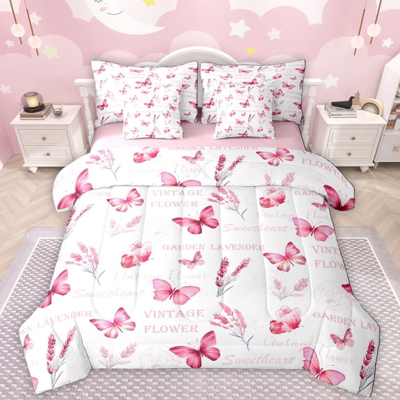 Manfei Kawaii Butterfly 7-Piece Twin Bedding Sets,Retro Rustic Flowers Bedding Comforter Set,Pink White Sheet Sets For Girls Teens,Luxury Bedroom Decor Reversible