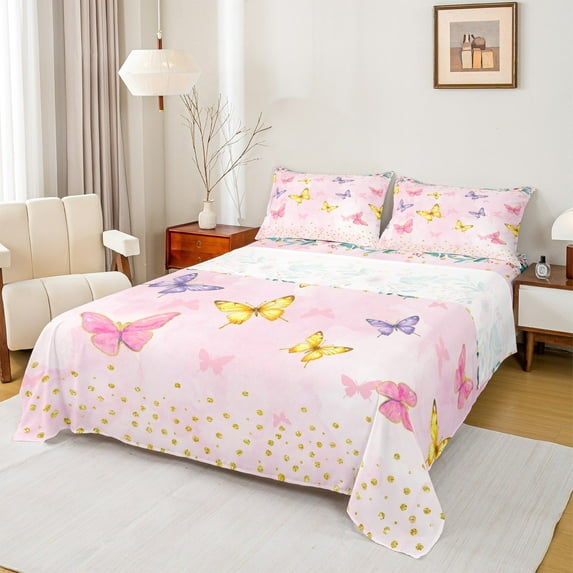 Homewish Kawaii Butterfly Animal Full Size Sheets, Girly Pink Watercolor Bed Sheets, Gold Sequin Print Sheet Sets, Super Cozy Room Decor, 4 Pieces