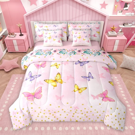 Homewish Kawaii Butterfly Animal Twin Bedding Sets 7-Piece, Girly Pink Watercolor Bedding Comforter Set, Gold Sequin Print Reversible Sheet Sets, Super Cozy Room Decor