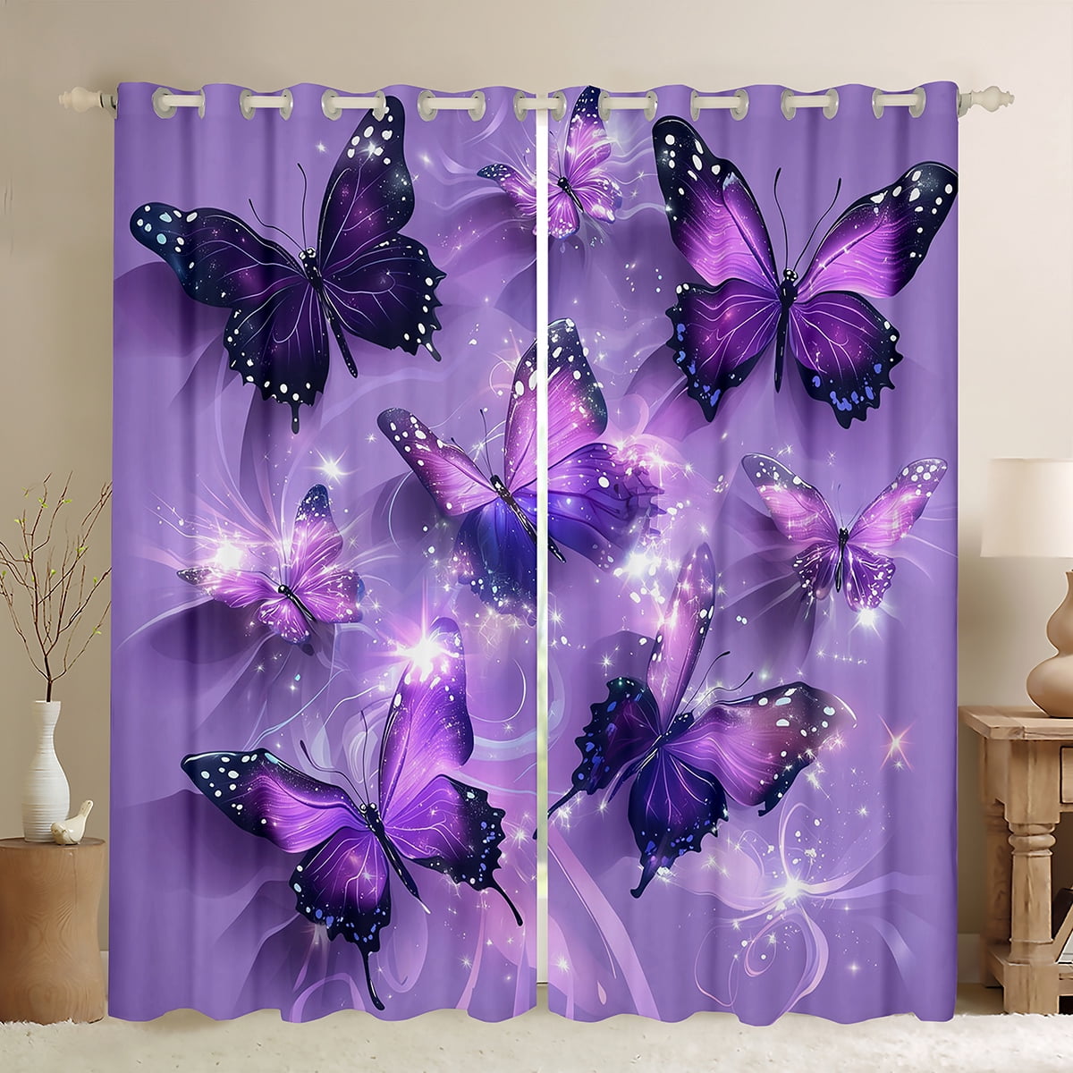 Manfei Kawaii Butterfly Blackout Curtains Set of 2 (52x84 Each),Dreamy Theme Window Curtains,Purple Black Curtains and Drapes For Girls Teens,Ultra Soft Home Decor