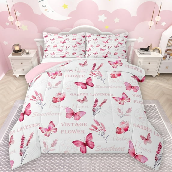 Manfei Kawaii Butterfly Full Size Comforter Sets,Retro Rustic Flowers Bedding Comforter Set,Pink White Bedding Sets For Girls Teens,Luxury Bedroom Decor Reversible,3-Piece