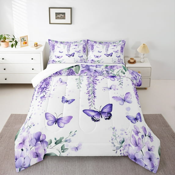 Manfei Kawaii Butterfly Queen Comforter Set,Purple Rustic Lavender Bedding Sets,Country Flower Floral Bedding Comforter Set For Girls Teens,Ultra Soft Home Decor,3-Piece