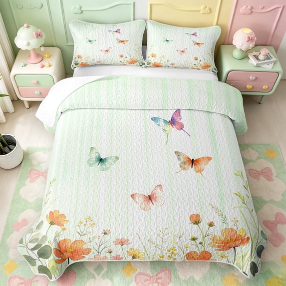 Manfei Kawaii Butterfly Quilt King,Floral Stripe King Coverlet Set,3 Pieces,1 Bedspread and 2 Pillowcases