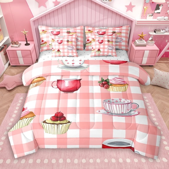 Manfei Kawaii Cake Dessert 7-Piece Bedding Comforter Set for Teen, Cartoon Coffee King Bedding Sets, Salmon Buffalo Plaid Reversible Bed Sheets, Luxury Bedroom Decor