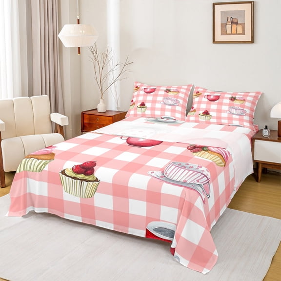 Manfei Kawaii Cake Dessert Twin Sheet Set, Cartoon Coffee Bedding, 3-Piece