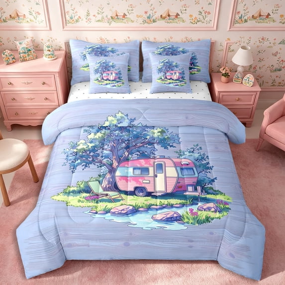 Manfei Kawaii Camper 7-Piece Twin Bedding,Cartoon Adventure RV Accessories Bedding Comforter Set,Green Blue Pink