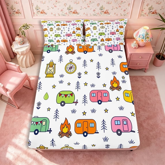 Manfei Kawaii Camper Fitted Sheet Full 3 Pieces,Cute Adventure Car Bed Set,Green Yellow Pink,1 Fitted Sheet and 2 Pillowcases