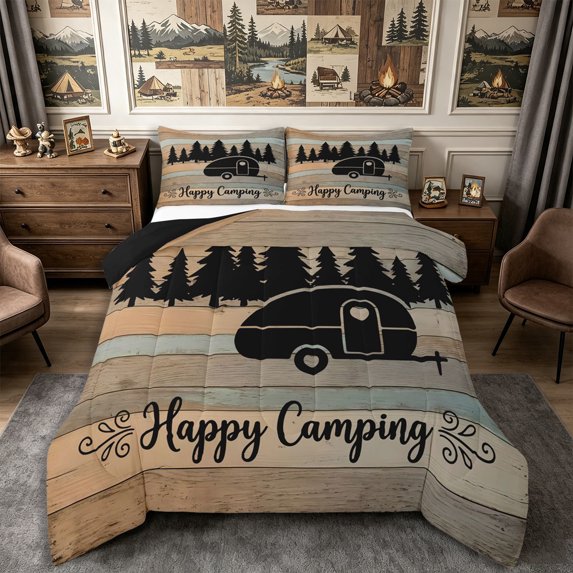 Manfei Kawaii Camper Full Size Comforter Sets 3-Piece,Cartoon Adventure RV Accessories Bedding Comforter Set,Light Wood Black,1 Comforter and 2 Pillowcases,Reversible