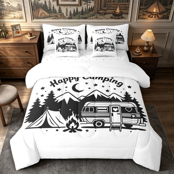 Manfei Kawaii Camper King Bedding 7pcs,Cute Adventure Car King Bed in a Bag,White Gray Black