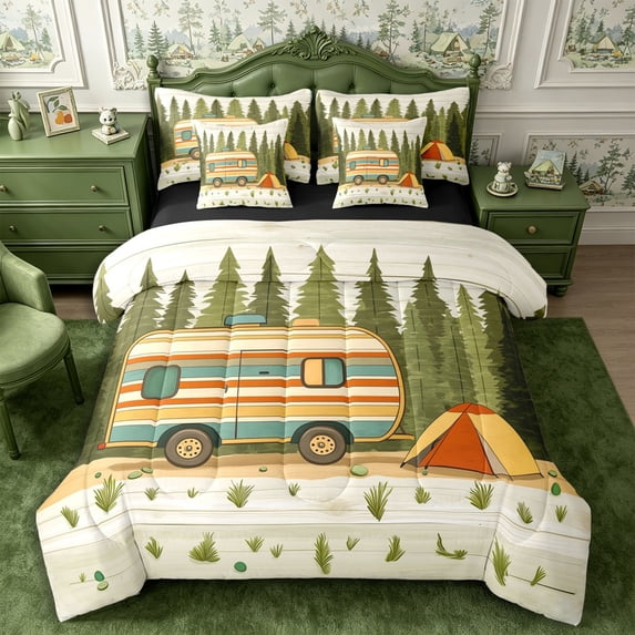 Manfei Kawaii Camper Queen Bedding 7pcs,Cartoon Adventure RV Accessories Bedding Comforter Set Queen,Cream Olive