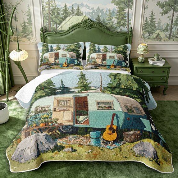 Manfei Kawaii Camper Quilt King 3 Pieces,Cute Adventure Car King Coverlet Set,Turquoise Green,1 Bedspread and 2 Pillowcases
