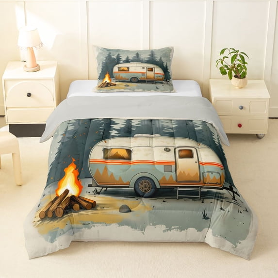 Manfei Kawaii Camper Twin Comforter Sets,Calm Pine Trees Bedding Set,Green,Light Gray Reversible,2-Piece,1 Comforter and 1 Pillowcase