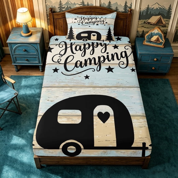 Manfei Kawaii Camper Twin Fitted Sheet 2 Pieces,Cute Adventure Car Bedding,Beige Blue Black,1 Fitted Sheet and 1 Pillowcase