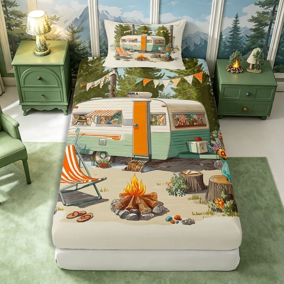 Manfei Kawaii Camper Twin Fitted Sheet 2 Pieces,Cute Adventure Car Bedding,White Green,1 Fitted Sheet and 1 Pillowcase