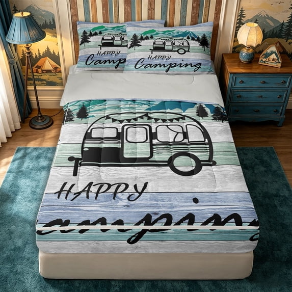 Manfei Kawaii Camper Zipper Full Size Comforter Sets with Fitted Sheet and 2 Pillowcases,Cute Adventure Car Zipper Bedding Set,Light Blue White,Reversible