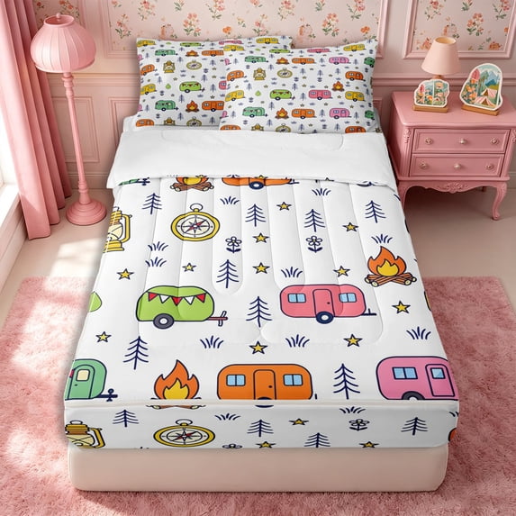 Manfei Kawaii Camper Zipper Full Size Comforter Sets with Fitted Sheet and 2 Pillowcases,Cute Adventure Car Zipper Bedding Set,Green Yellow Pink