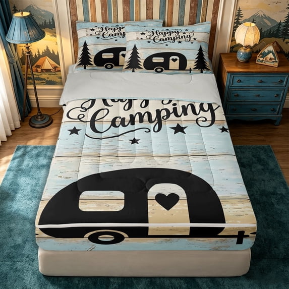 Manfei Kawaii Camper Zipper Queen Comforter Set with Fitted Sheet and 2 Pillowcases,Cute Adventure Car Zipper Bedding Set,Beige Blue Black,Reversible