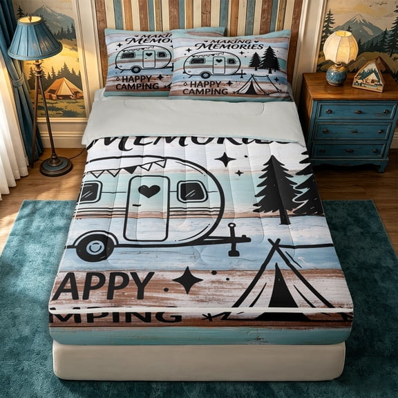 Manfei Kawaii Camper Zipper Twin Comforter Sets with Fitted Sheet and 2 Pillowcases,Cartoon Adventure RV Accessories Zipper Bedding Set,Black Light Blue,Reversible