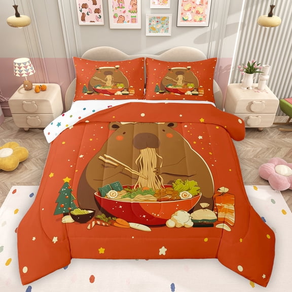 Homewish Kawaii Capibara Child Bedding Comforter Set, Cartoon Japanese Ramen Twin Comforter Sets, Cute Anime Animal Reversible Bedding Set, Microfiber Bedroom Decor, 2 Pieces