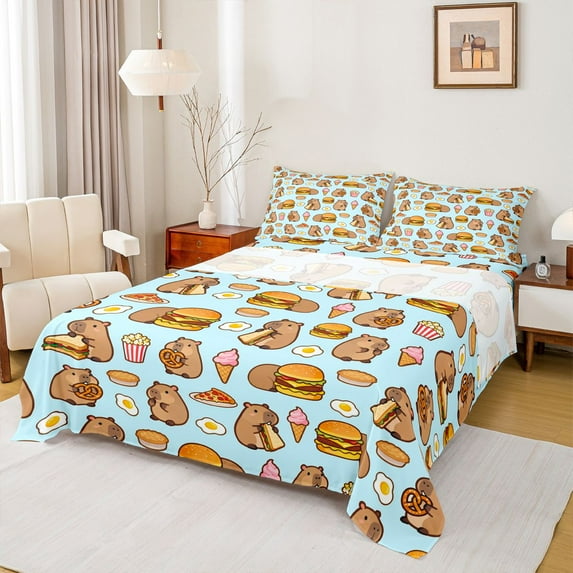 Homewish Kawaii Capibara Teens Full Size Sheets, Cute Hamburger Fast Food Bed Sheets, Blue Cartoon Animal Sheet Sets, Ultra Soft Bedroom Decor, 4-Piece
