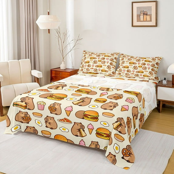 Homewish Kawaii Capibara Teens Queen Sheet Sets, Cute Hamburger Fast Food Flat Sheet, Yellow Cartoon Animal Queen Fitted Sheet, Luxury Bedroom Decor, 4-Piece
