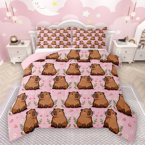 Manfei Kawaii Capybara 3 Pieces Queen Comforter Set for Preppy Child,Cartoon Animal Ultra Soft Bedding Sets,Spring Garden Flowers Bedding Comforter Set Breathable,Lightweight Room Decor,Reversible