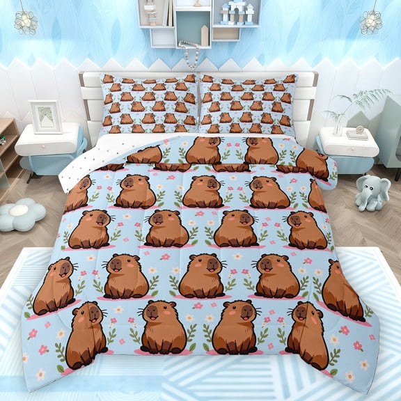 Manfei Kawaii Capybara 3 Pieces Queen Comforter Set for Preppy Child,Cartoon Animal Ultra Soft Bedding Sets,Spring Garden Flowers Bedding Comforter Set Breathable,Lightweight Room Decor,Reversible