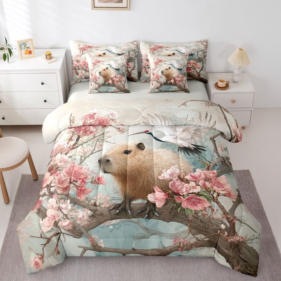 Manfei Kawaii Capybara 7-Piece King Bedding,Cute Red Crowned Crane King Bed in a Bag,Pink,Light Gray Reversible