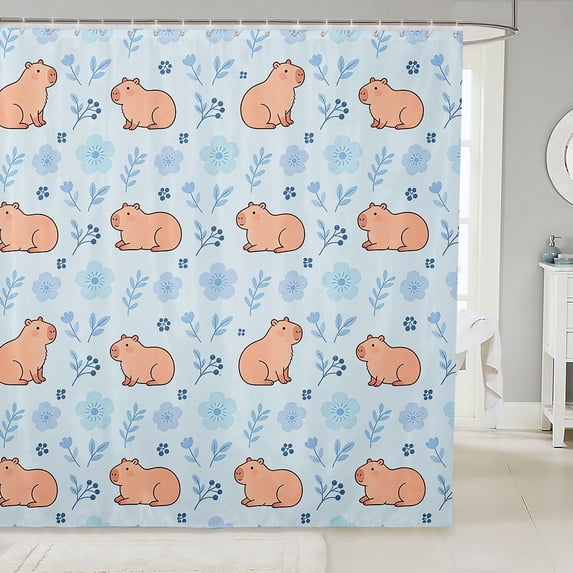Manfei Kawaii Capybara Animal Shower Curtain 72Wx72L, Spring Blossoms Flower Shower Curtain 72Wx72L, Blue